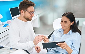 A woman confirming the cost of her dental crowns