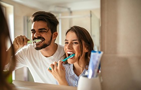 a couple brushing their teeth after teeth whitening treatment