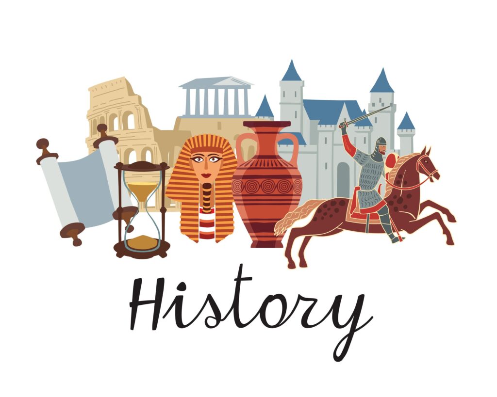 Illustration of historic figures and structures above the word "History"